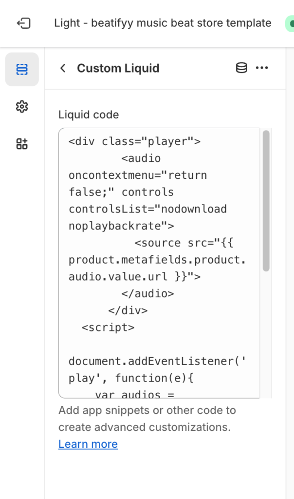 How to Add Audio Player on Shopify Product Page 6 Screenshot 2024 01 24 at 11.24.34